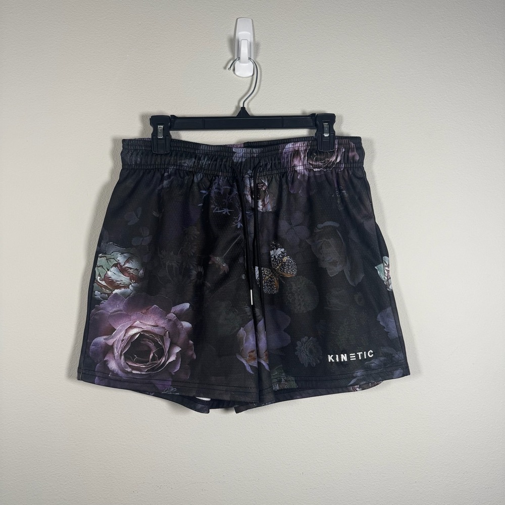 Kinetic Mens Floral Butterfly Mesh Active Shorts Black Purple Size Medium